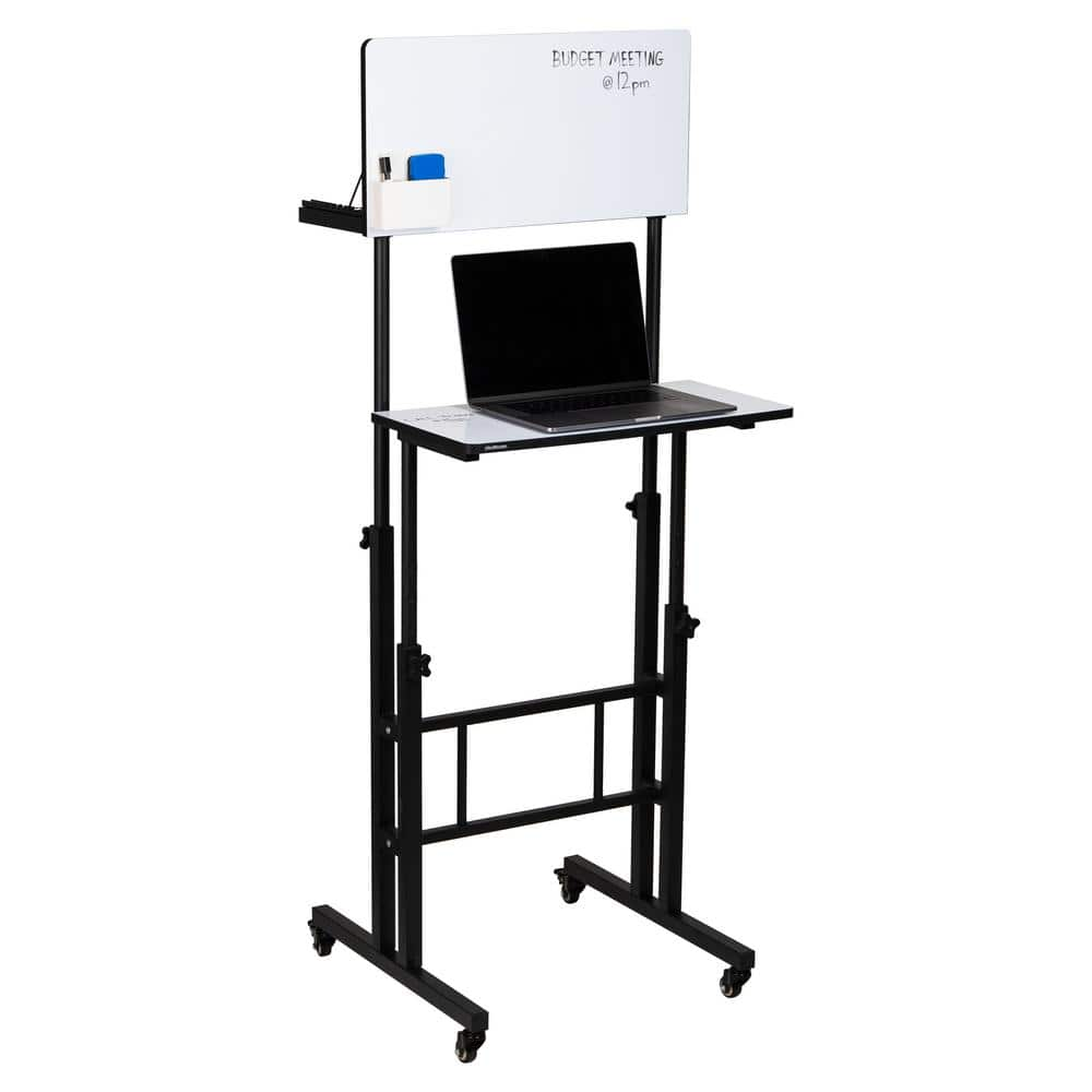 Mind Reader 21.5 in. W Rectangle White Standing Whiteboard Desk, Adjustable Height, Computer Desk, Laptop Desk, Portable, Rolling