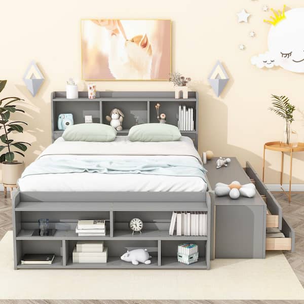 Gray Wood Frame Full Size Platform Bed with Bookcase Headboard, under Bed Storage Drawers and Bed End Storage Case