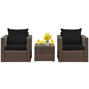 3-Piece Wicker Patio Conversation Set with Black Cushions and Tempered Glass-Top Table
