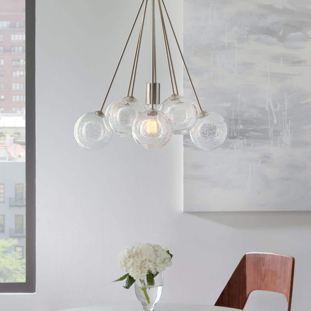 Elegant Mid-Century Satin Brass Globe Pendant with Seeded Glass