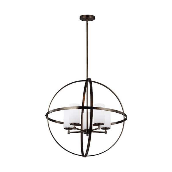 Generation Lighting Alturas 5-Light Brushed Oil Rubbed Bronze Modern Hanging Globe Chandelier with Etched White Glass Shades
