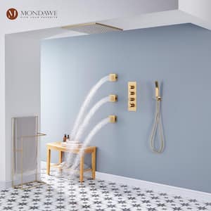 Thermostatic 3-Spray Patterns 20 in. Flush Ceiling Mount Rain Dual Shower Heads with 3-Jet in Brushed Gold