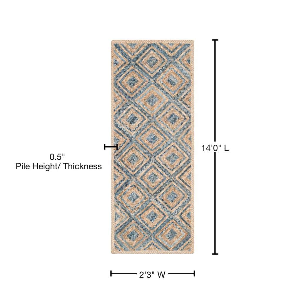 Hand-Woven Natural and Blue Geometric Jute Runner Rug