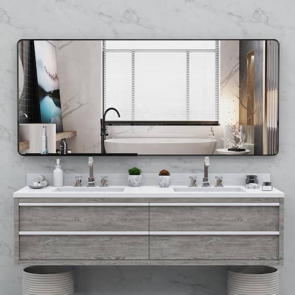 WELLFOR 72 in. W x 32 in. H Rectangle Hanging Aluminum Framed Wall Mirror Bathroom Vanity Mirror with Removable Tray in Black