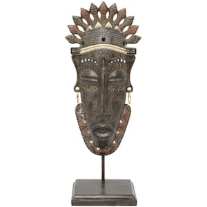 6 in. x 22 in. Brown Polystone Primitive African Mask Sculpture