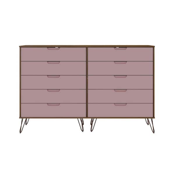 Manhattan Comfort Rockefeller 10-Drawer Nature and Rose Pink Double Tall Dresser (44.57 in. H x 69.72 in. W x 19.02 in. D)