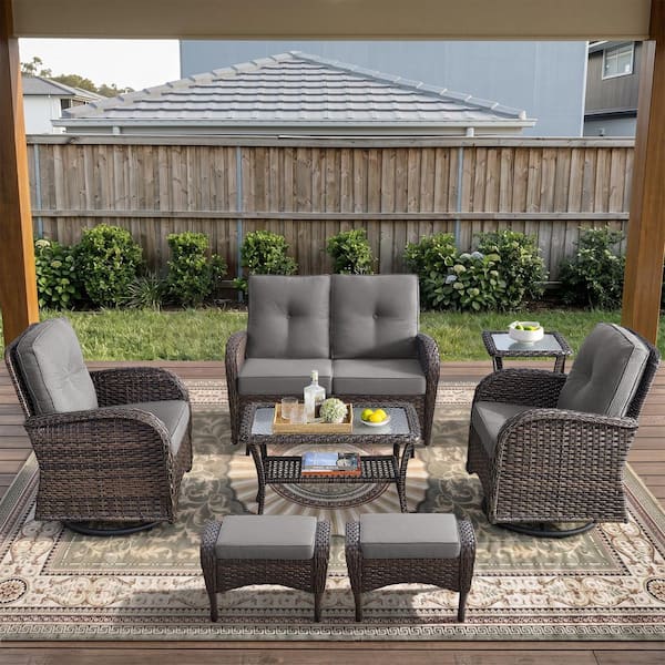 Brown 7-Piece Wicker Patio Conversation Set with Swivel Rockers, Outdoor Glider Seating Set with Gray Cushions