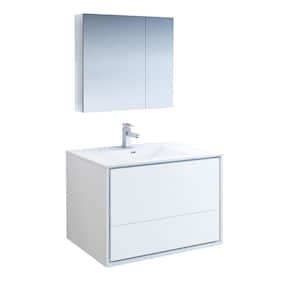 Catania 36 in. Modern Wall Hung Vanity in Glossy White with Vanity Top in White with White Basin and Medicine Cabinet