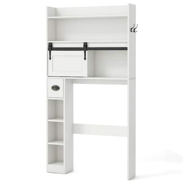 32 in. W x 62 in. H x 7.5 in. D White Over The Toilet Storage with Sliding Barn Door and Adjustable Shelves