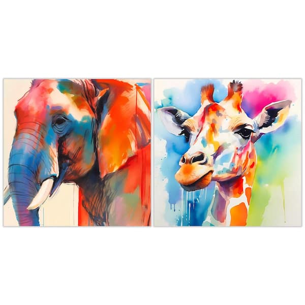 Empire Art Direct Vibrant Majesty I & II Elephant, Giraffe Free Floating Reverse Unframed Printed Tempered Glass Wall Art 38 in. x 38 in.