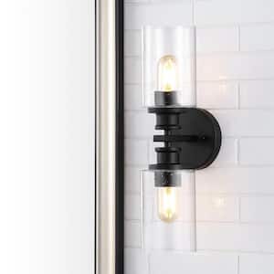 Jules Edison 16.5 in. 2-Light Black Cylinder Iron/Seeded Glass Farmhouse Contemporary LED Vanity Light