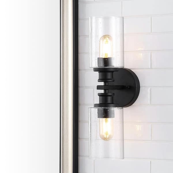 JONATHAN Y Jules Edison 16.5 in. 2-Light Black Cylinder Iron/Seeded Glass Farmhouse Contemporary LED Vanity Light