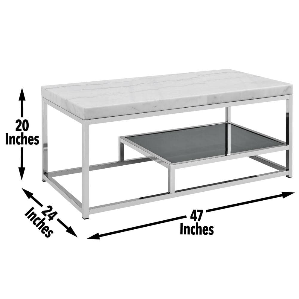 Rectangular Silver Marble and Glass Coffee Table with Storage