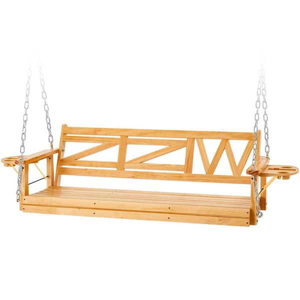 3-Person 800 lbs. Nature Wood Outdoor Patio Heavy Duty Porch Swing with Hanging Chains and Upgraded Cupholders