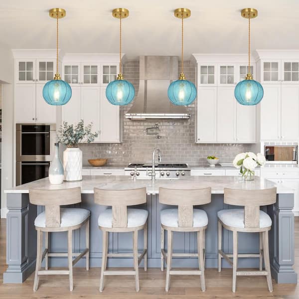 Jasslynn 1-Light Blue Pendant Light with Leaf Shape Ribbed Glass Shade for Kitchen Island Dining room, No Bulbs Included