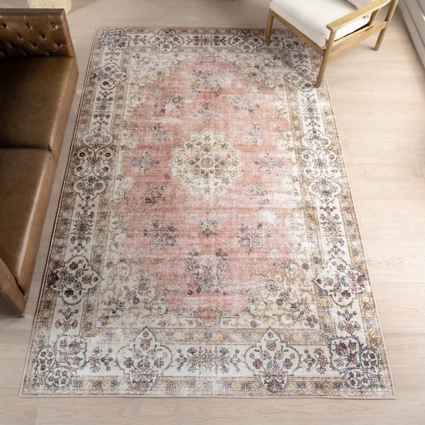 Rosette Medallion Spill Proof Washable Peach 3 ft. x 5 ft. Indoor Area Rug