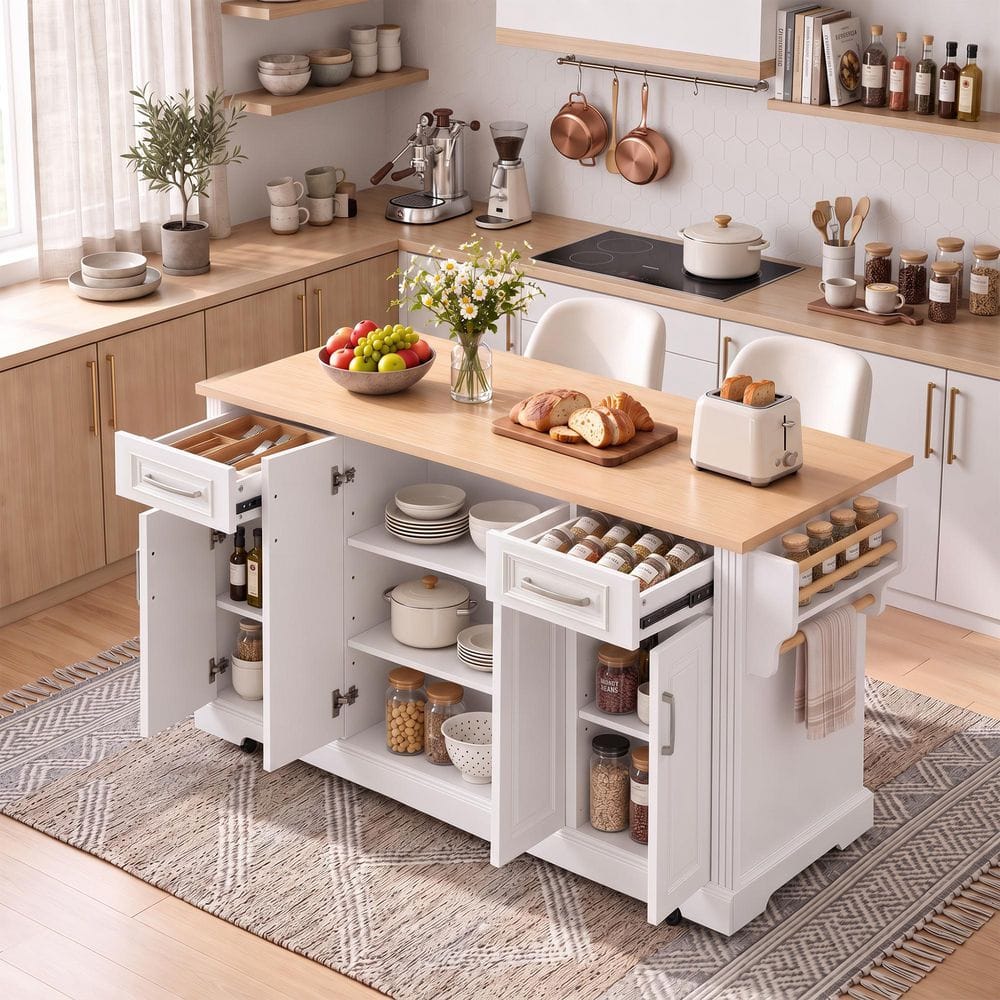 Farmhouse White Wood 55.5 in. Drop Leaf Power Outlet Kitchen Island Kitchen Storage Cart with Barn Door and Spice Rack