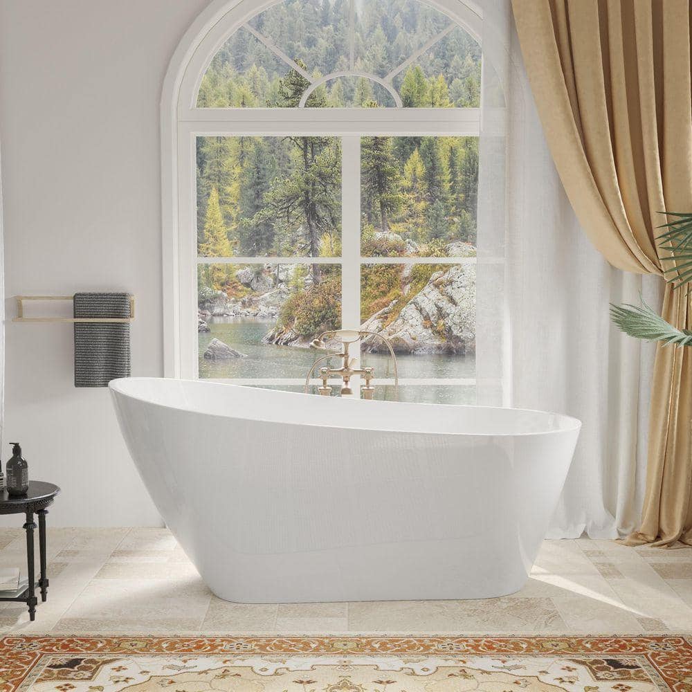 63 in. x 28 in. Acrylic Flatbottom Freestanding Soaking Bathtub with Matte Black Overflow in Glossy White price history on PriceWatchPro