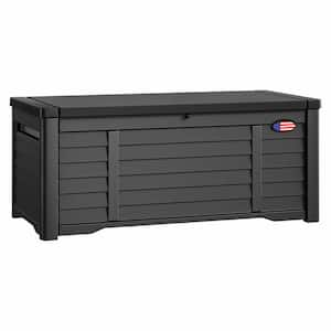 120 Gal. Water Resistant Resin Lockable Deck Box, Outdoor Storage For Patio Lawn and Garden, Black/Flag