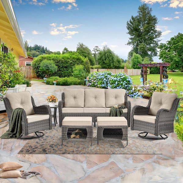 kuurfuurdo Gray 6-Piece Wicker Outdoor Patio Conversation Seating Sofa Set with Beige Cushions and Swivel Rocking Chairs