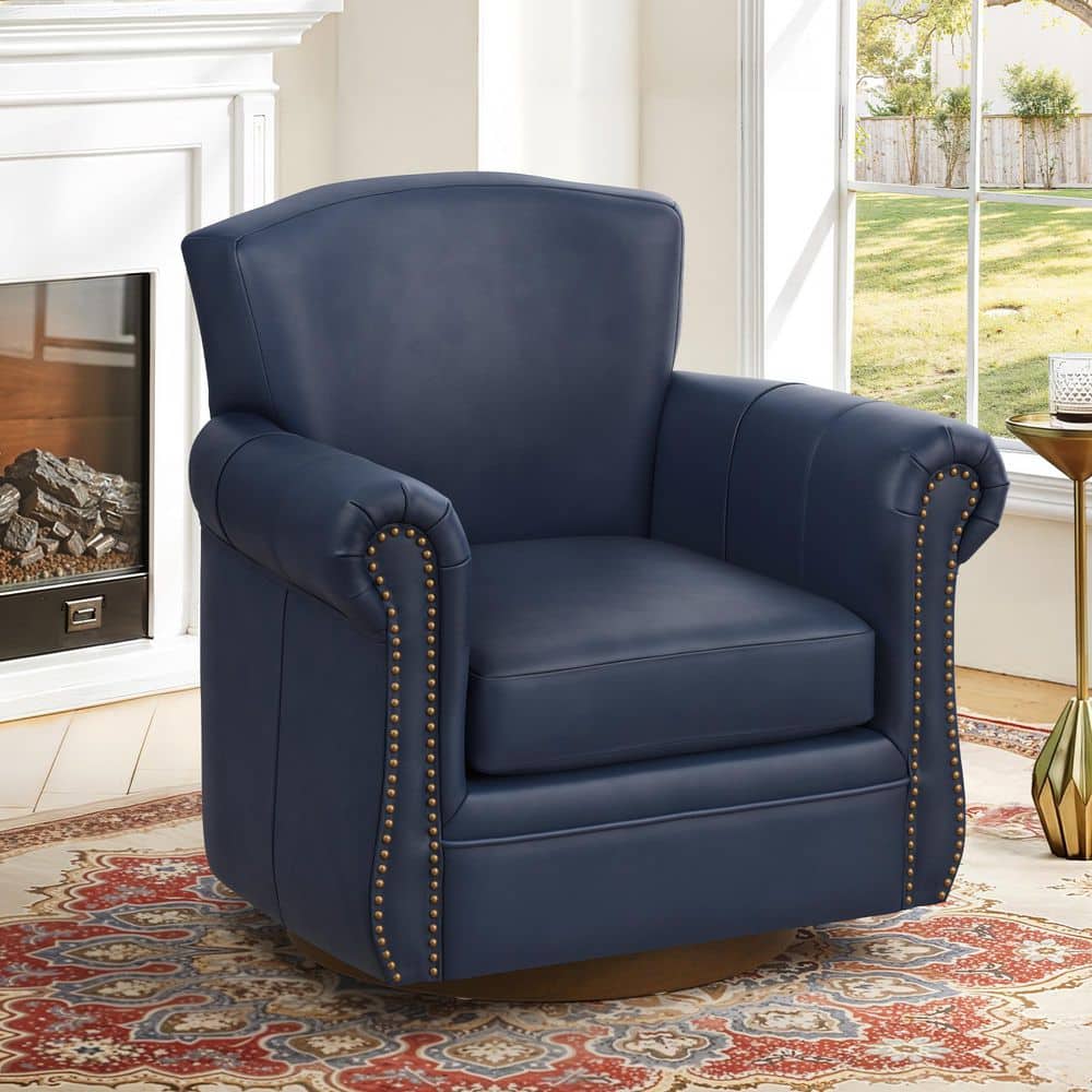 OrangeOne Oubo Navy Mid-Century Genuine Leather Curved Back Swivel