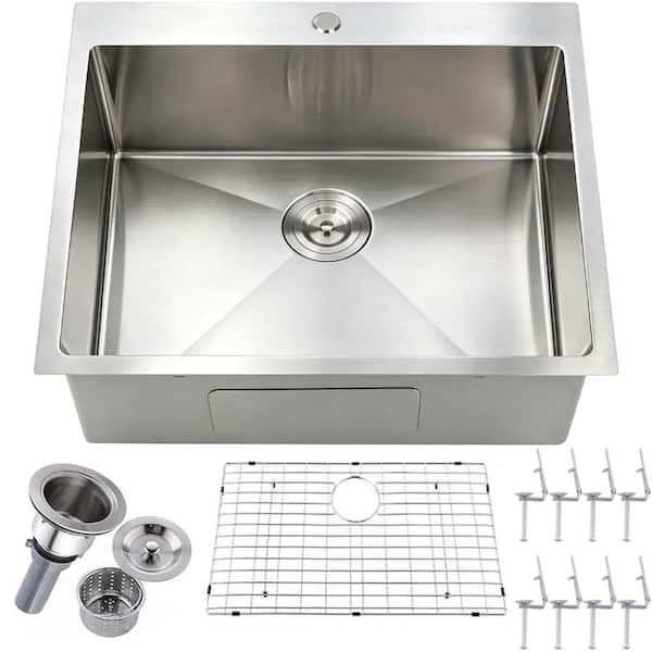 25 in. Drop-In Single Bowl 16-Gauge Stainless Steel Kitchen and Utility Sink in Brushed Nickel with Dish Grid