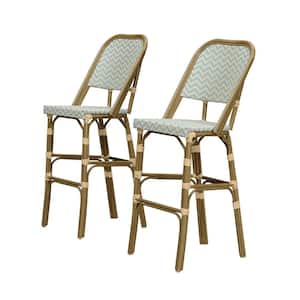 French Bar Height Bamboo Print Finish Aluminum with Hand-Woven Rattan Outdoor Bar Stool, Light Blue (2-Pack)