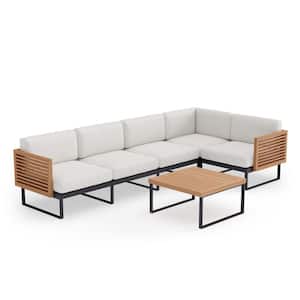 Monterey 5 Seater 6 Piece Aluminum Teak Outdoor Outdoor Sectional Set with Canvas Natural Cushions