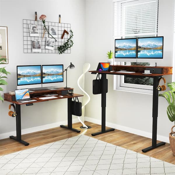 55 in. Rustic Brown Standing Desk with Drawers Electric Stand-up Desk with Monitor Stand