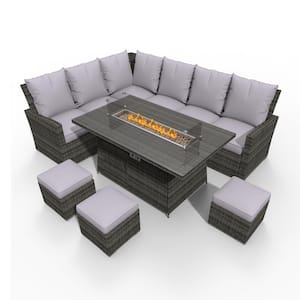 Cedar Gray 6-Piece Wicker Patio Fire Pit Conversation Sofa Set with Gray Cushions