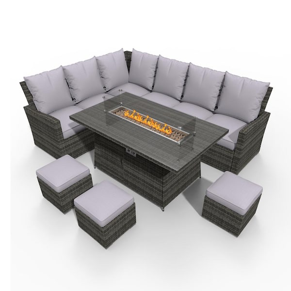 moda furnishings Cedar Gray 6-Piece Wicker Patio Fire Pit Conversation Sofa Set with Gray Cushions