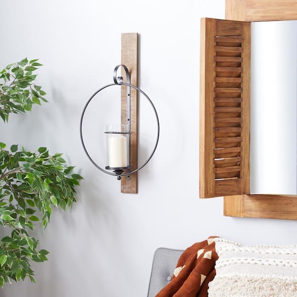 28 in. Brown Wood Geometric Pillar Wall Sconce with Wood Back Mount