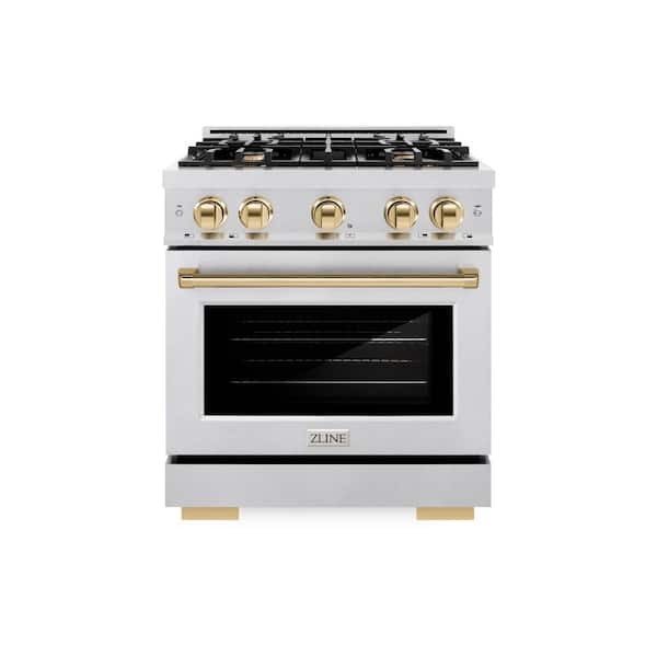 ZLINE Kitchen and Bath Autograph 30 in. Select Gas Range with 4 Burners and Convection Gas Oven in Satin Steel and Polished Gold Accents