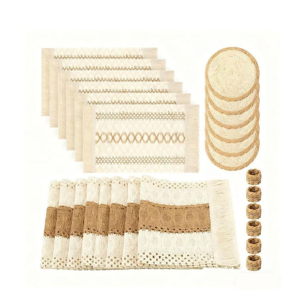 Boho 12 in. W x 106 in. L Beige Geometric Linen Table Runner Set of 19