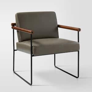 Juan Grey Modern Leather Arm Chair with Metal Base and Solid Wood Arm and Back