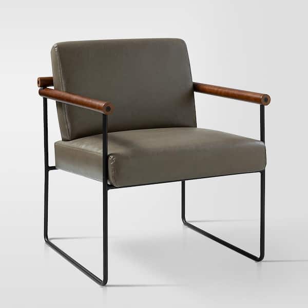 JAYDEN CREATION Juan Grey Modern Leather Arm Chair with Metal Base and Solid Wood Arm and Back