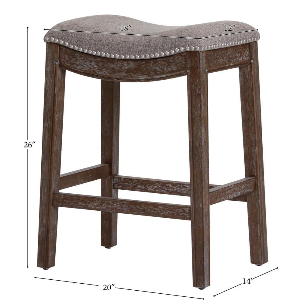 25" Saddle Style Wood Counter Stool in Cobble Gray with Nailhead Accents