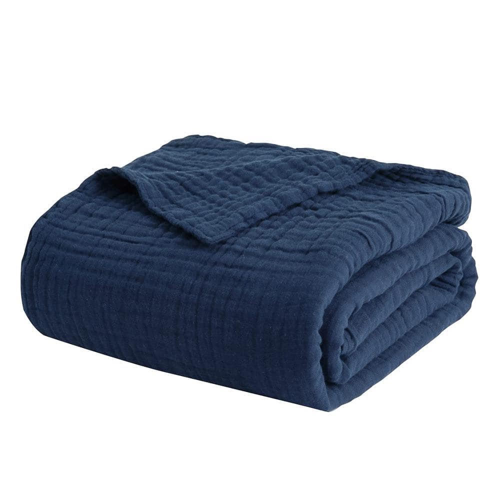 90 in. x 80 in. Navy Blue Cotton Queen Blanket, Soft Muslin Bed Blankets, A