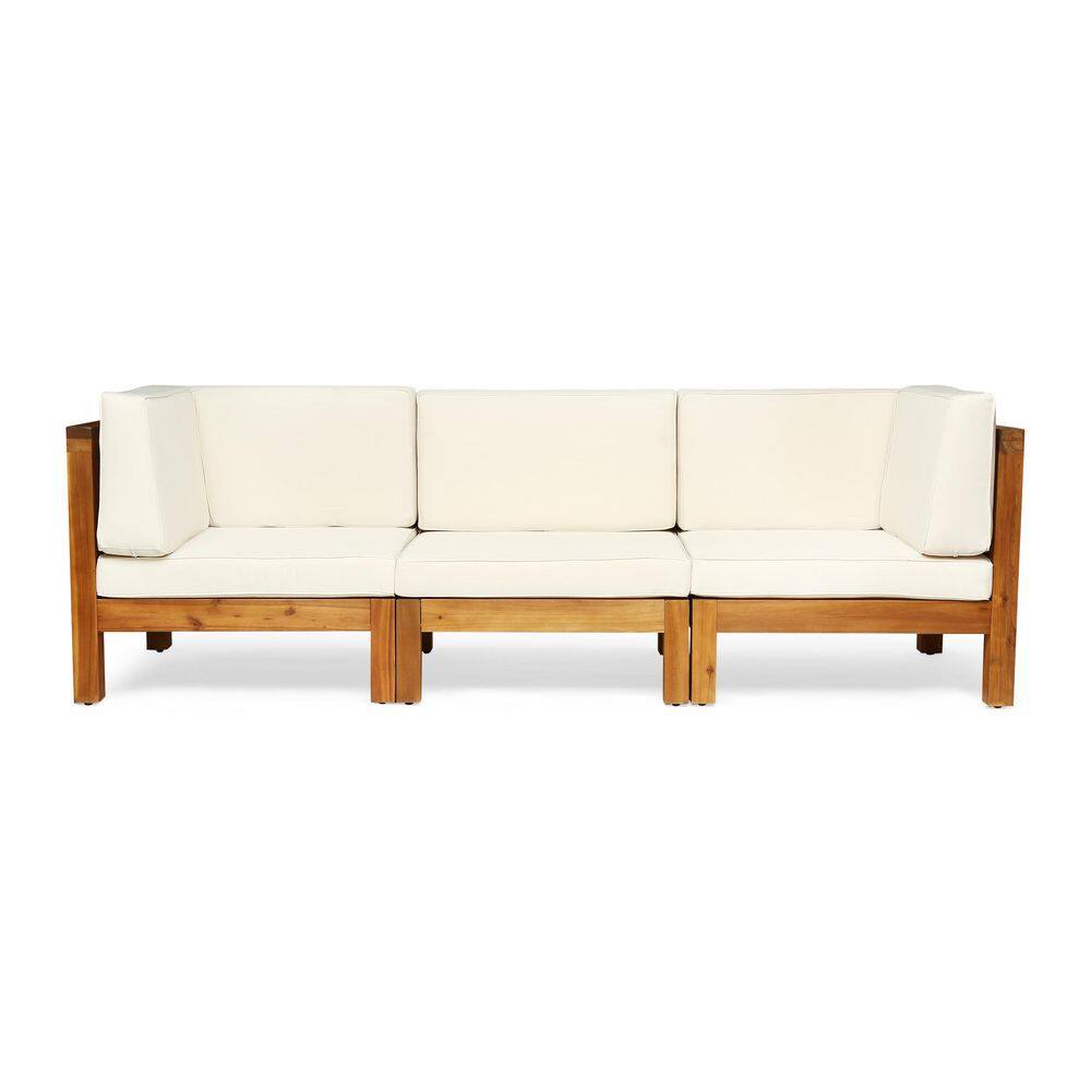 Noble House Brava Teak Brown 3-Piece Wood Outdoor Couch with Beige Cushions - 2