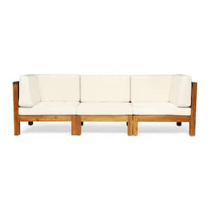Brava Teak Brown 3-Piece Wood Outdoor Patio Couch with Beige Cushions