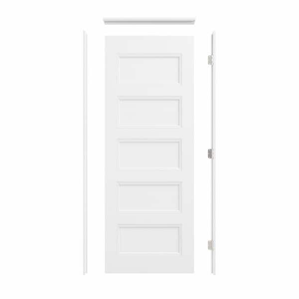 28 in. x 80 in. 5-Panel Left-Handed Painted Solid Core Wood Interior Single Prehung Door Kit with Quick Assemble Jamb