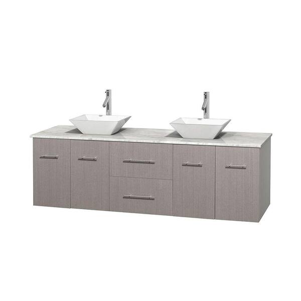 Wyndham Collection Centra 72 in. Double Vanity in Gray Oak with Marble Vanity Top in Carrara White and Porcelain Sinks