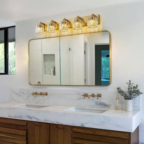 Orillia 35 in. 5-Light Gold Vanity Light with Cylinder Crystal Shade Modern Wall Mount Sconce for Bathroom Powder Room