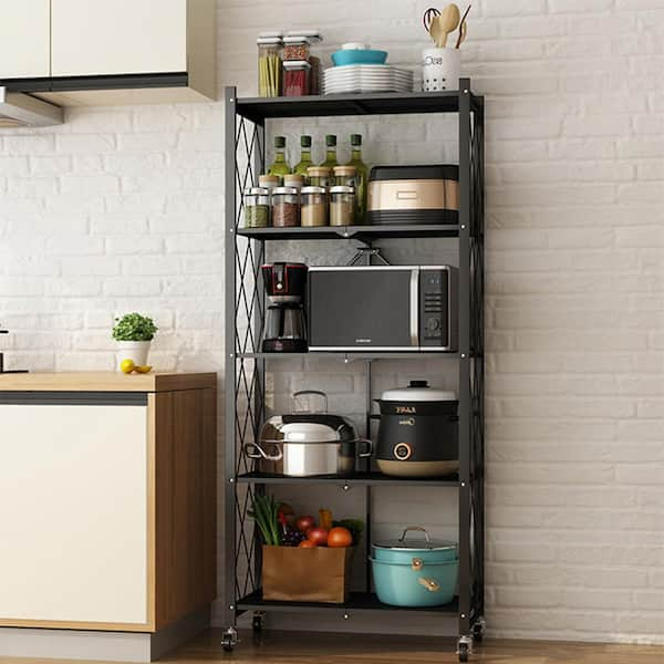 Muichi Folding Shelf 5-Tier, Foldable Shelves with Wheels, Heavy Duty  Shelving Unit, Sturdy Metal Shelf Storage Organizer Rack for Kitchen,  Garage