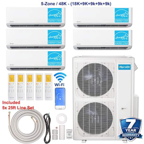 5-ZoneEnergy Star Wi-Fi 48,000 BTU 230V 21 SEER2 Mini Split AC w/Heat Pump 18K-9K-9K-9K-9K BTU Heads 25 ft. Lineset x 5