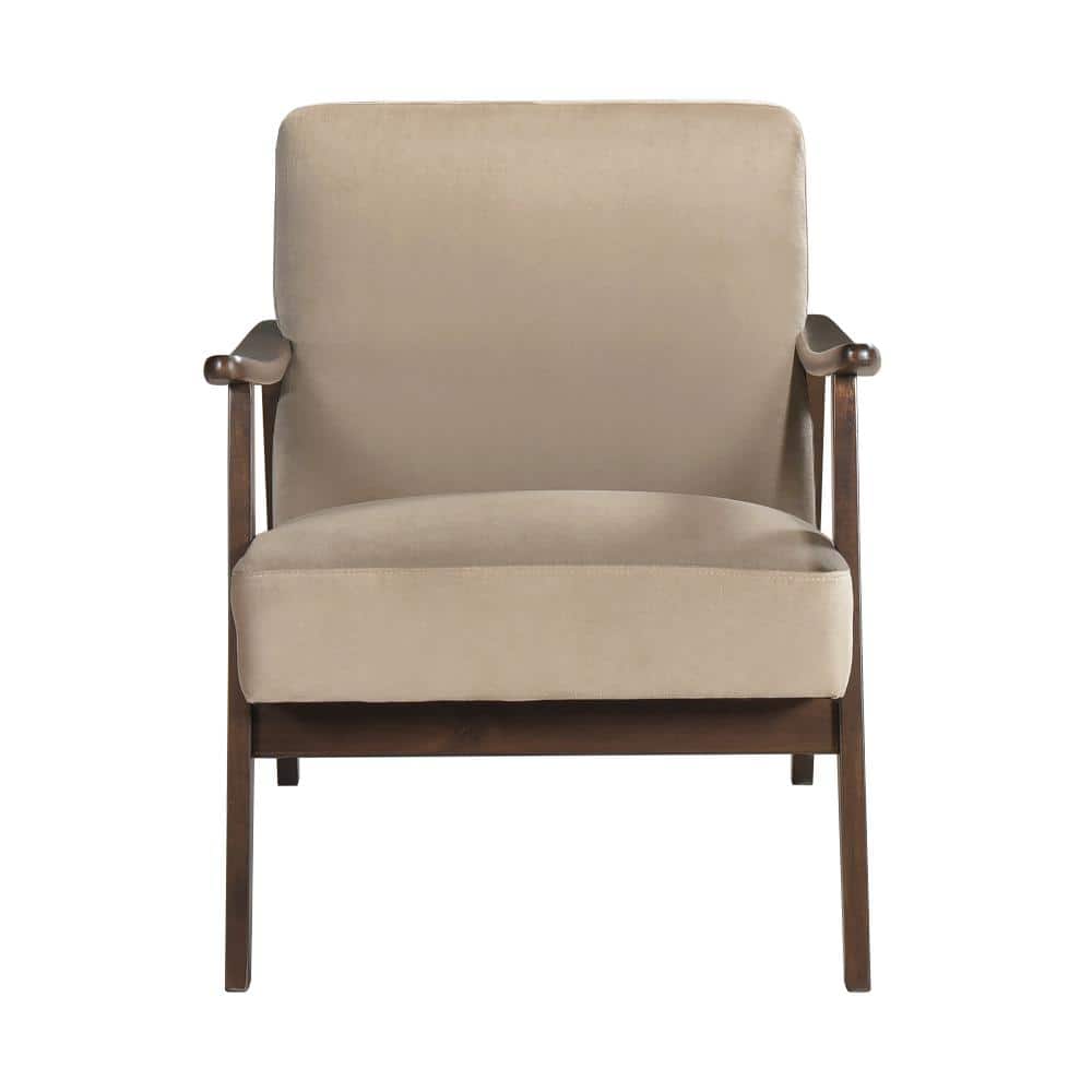 Light Brown Velvet and Wood Mid-Century Modern Accent Chair