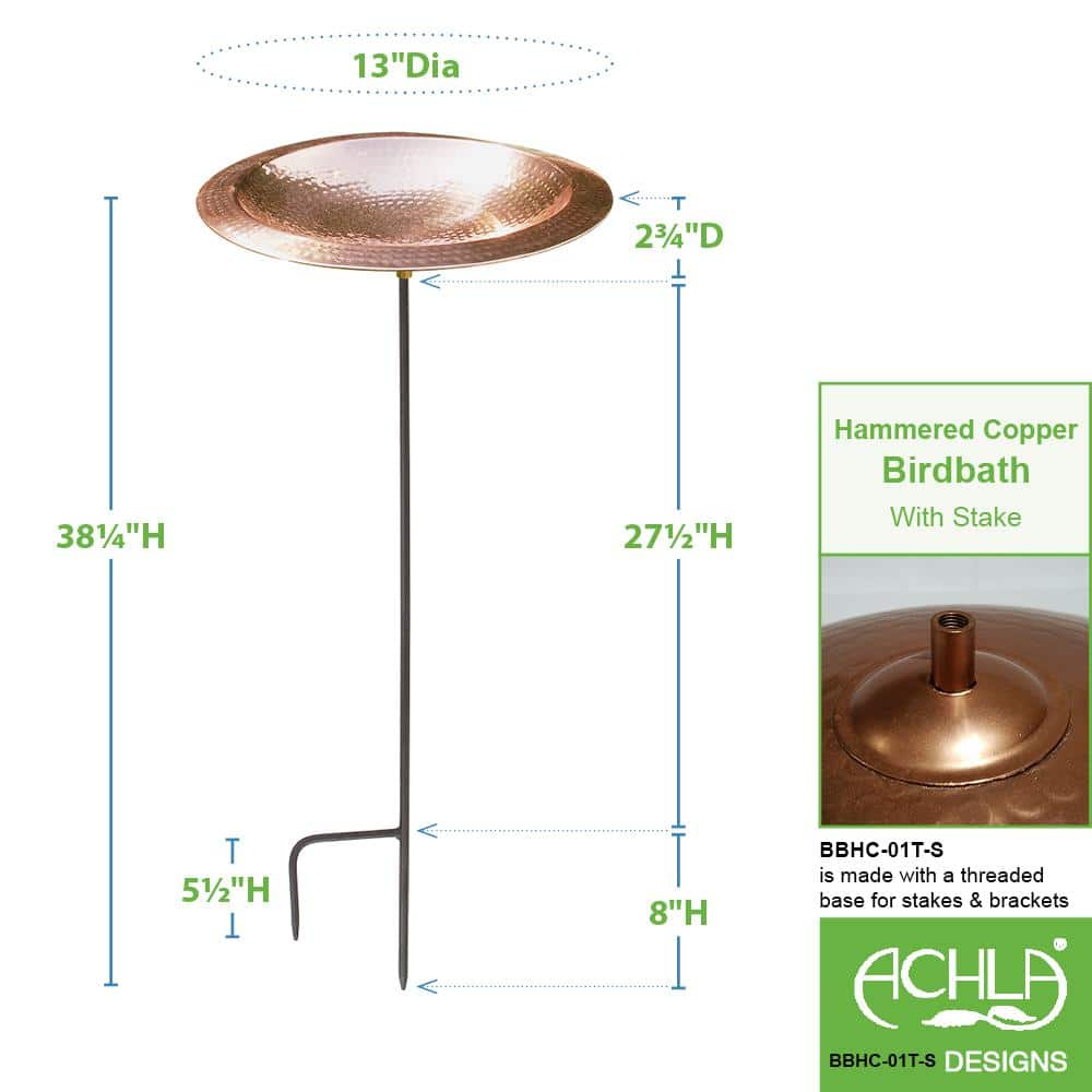 16" Hammered Copper Birdbath Bowl with Metal Stake
