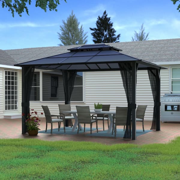 13 ft. W x 10 ft. D Polycarbonate Double Top Gazebo with Black Textilene Netting