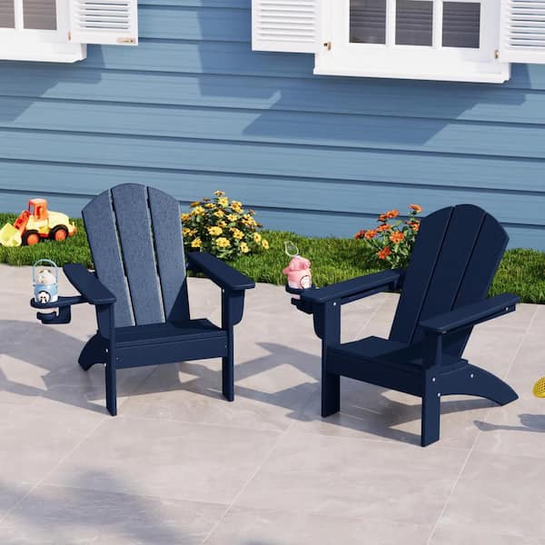 Children's Laguna Outdoor Patio Set of 2 All Weather Kids Poly Plastic Navy Blue Adirondack Chairs w/ Cup Holders