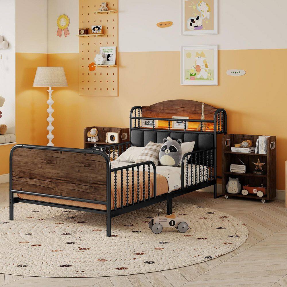 Xandrelle Black Metal Frame Twin Platform Bed with Velvet Upholstered Headboard, Guard Rails & Pull Out Storage Shelves price history on PriceWatchPro